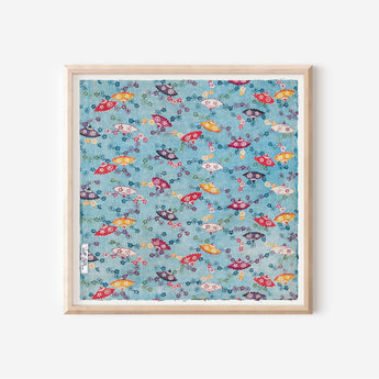 Framed Print Japanese Multicolored Fan and Floral Fabric - 7661096